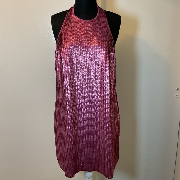 16. NWT Express Rose Pink Sequin Halter Neck Open Back Mini Dress Size L - Picture 3 of 8